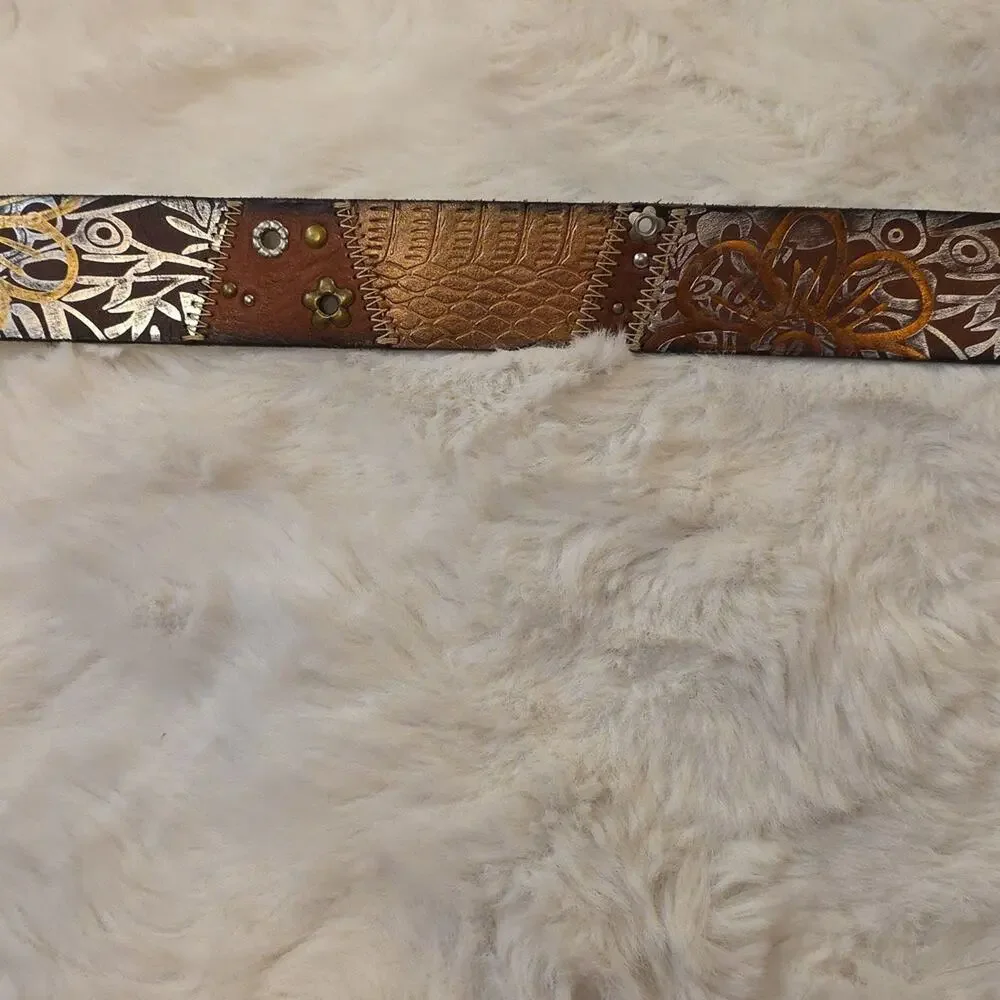 Vintage Fossil Y2k Belt Brown Leather Metallic Accents Studding Womens M
